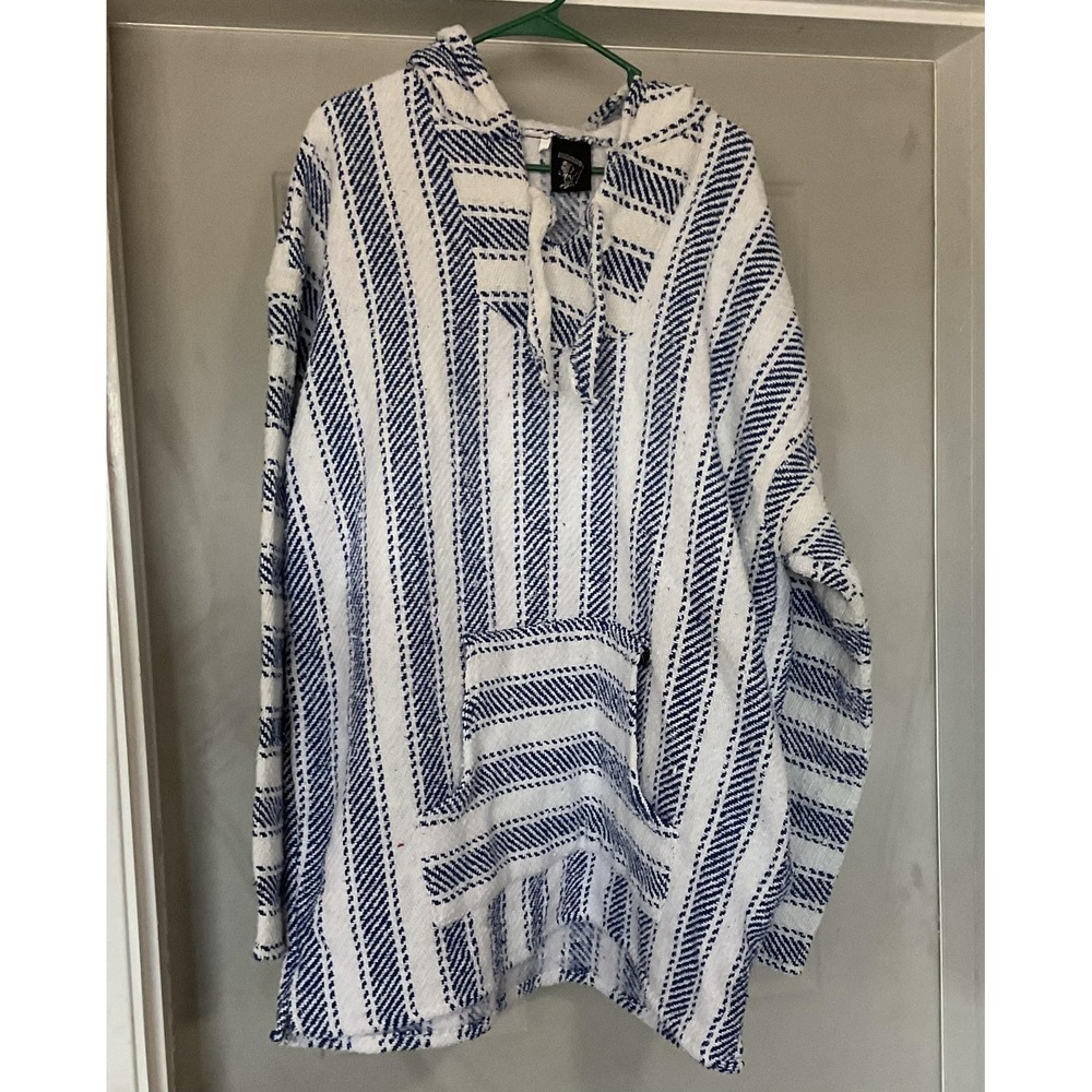 Baja Billy's Hoodie Mens 2XL XXL White Blue Striped Pullover Baja Hippie Beach‎